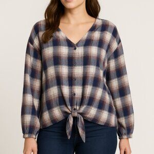 Camo Vintage Multicolor Plaid Long Sleeve Button-Down Flannel Shirt, size Large